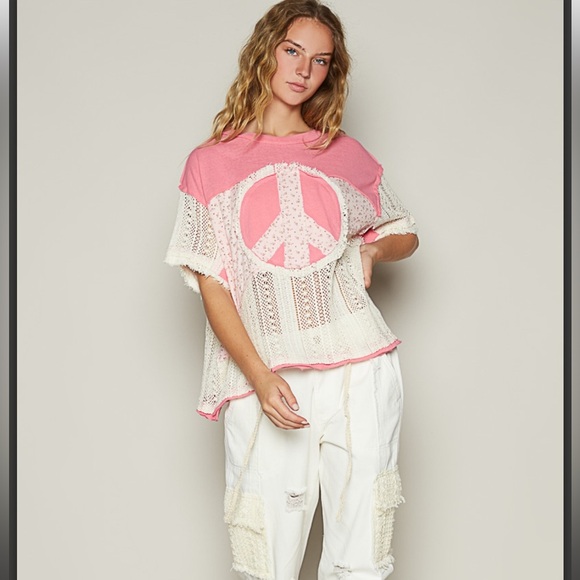 1️⃣ Large left. POL 🩷 Pink and White Peace Sign Lace Top - Picture 2 of 5
